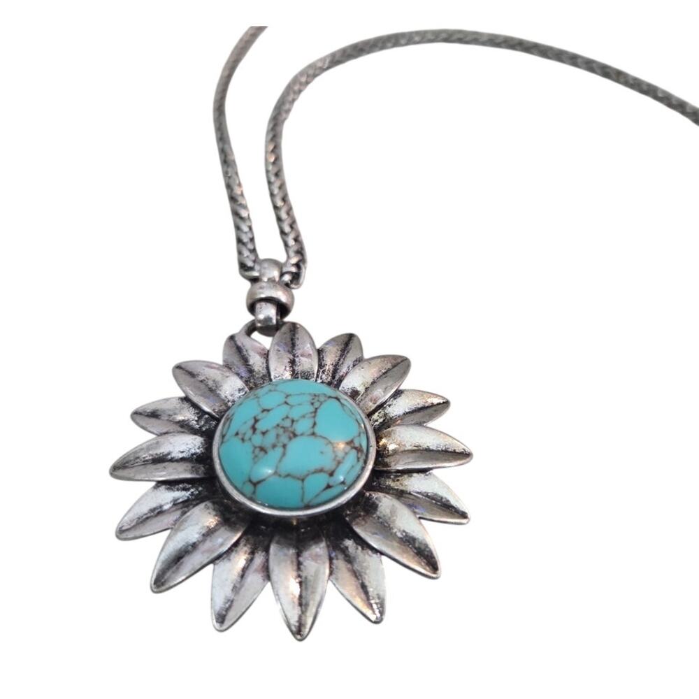 LUCKY BRAND Faux Turquoise Flower Pendant Silver Chunky Sunflower